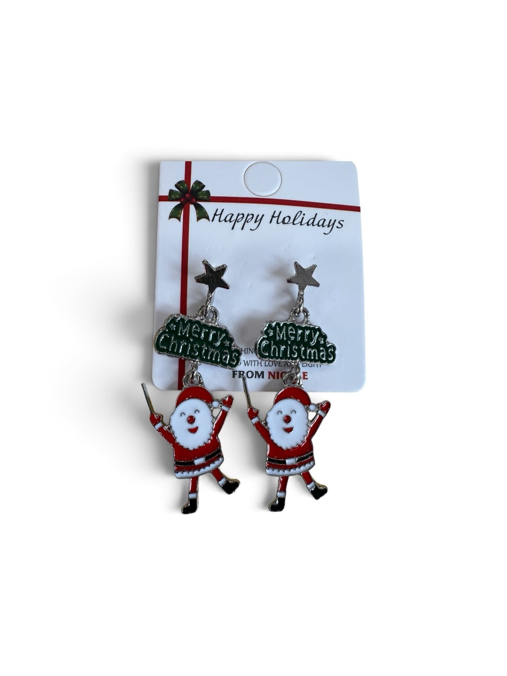 Festive Santa 'Merry Christmas' Drop Earrings - Red, White, Green